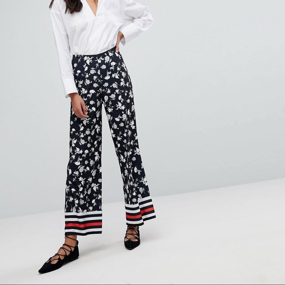 ASOS Black‎ Floral Wide Leg Palazzo Pants Red Band High Waist Size 6